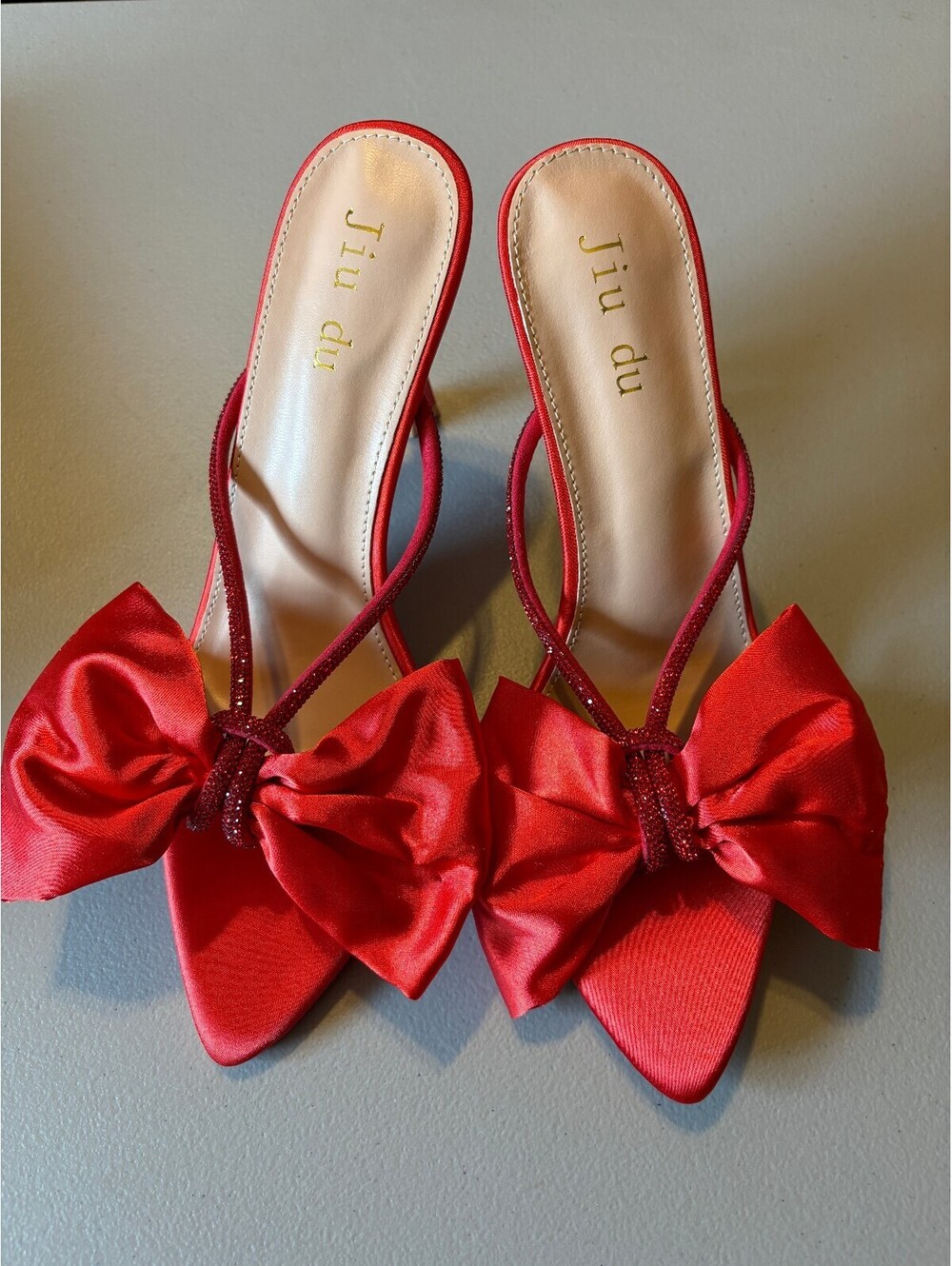 Jiu du Women's Red Bow Kitten High Heel Slide Pumps Size 9